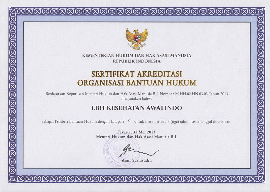 Sertifikat Akreditasi LBH Awalindo